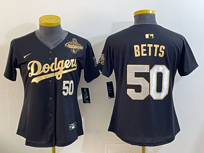 Women Nike 2026 Los Angeles Dodgers #50 Betts Black Gold Game MLB Jersey 066